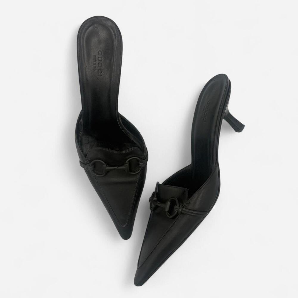 Vintage Gucci Pointed Toe Horse Bit Mules in Black Genuine Leather